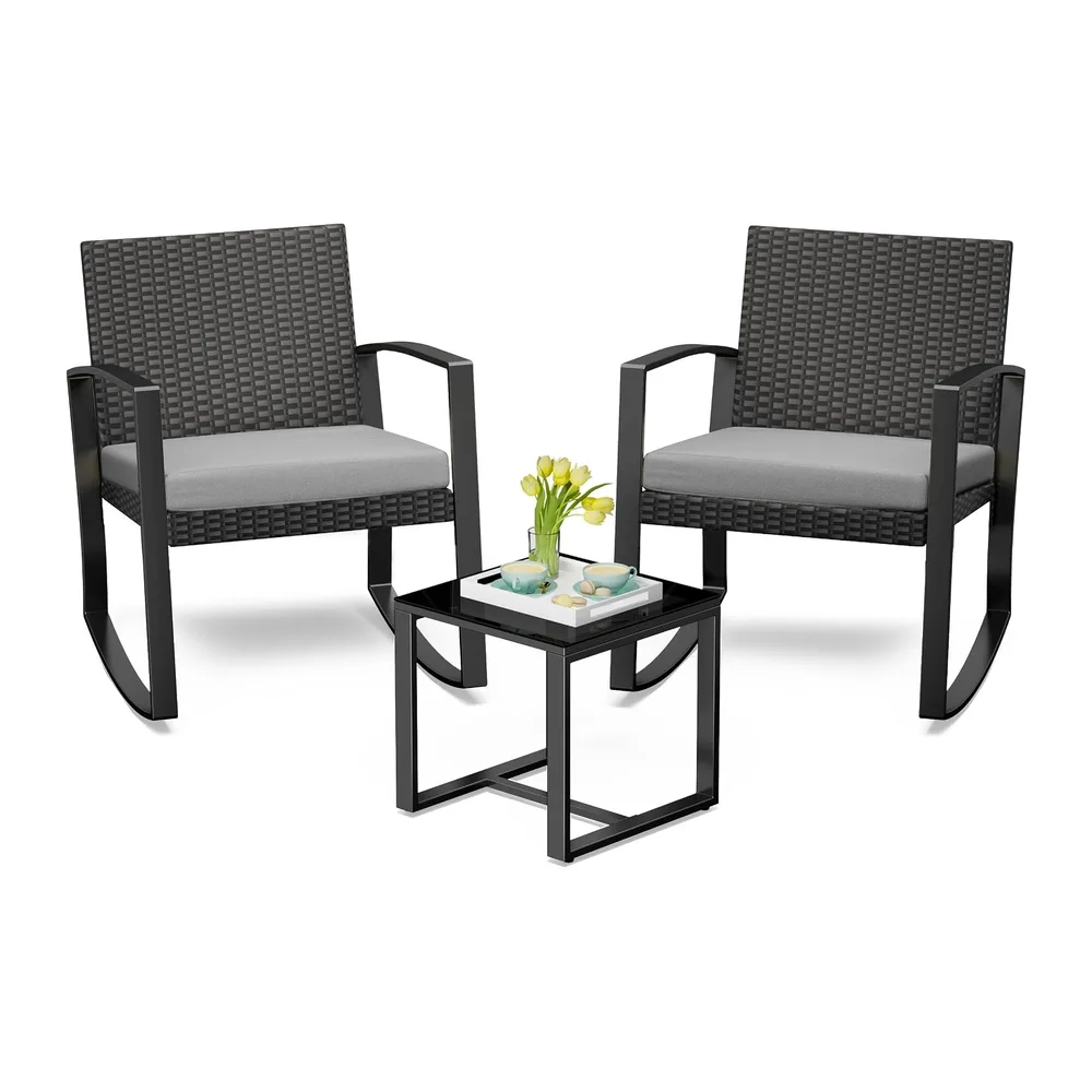 Bealife Ensemble Salon de Jardin 3 pièces avec 2 Fauteuils à Bascule et Table Basse – Chaises en Poly Rotin avec Coussin