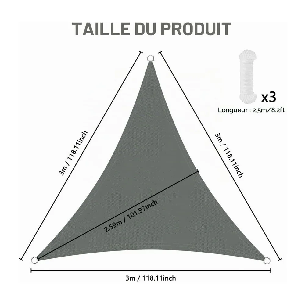OFFCUP Voile d'ombrage Triangle 3 * 3 * 3m, Toile Ombrage avec 3 Corde Libre, Auvent