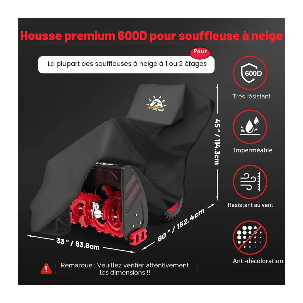 Zettum Housse de souffleuse à neige – Housse de souffleuse à neige 600D imperméable et