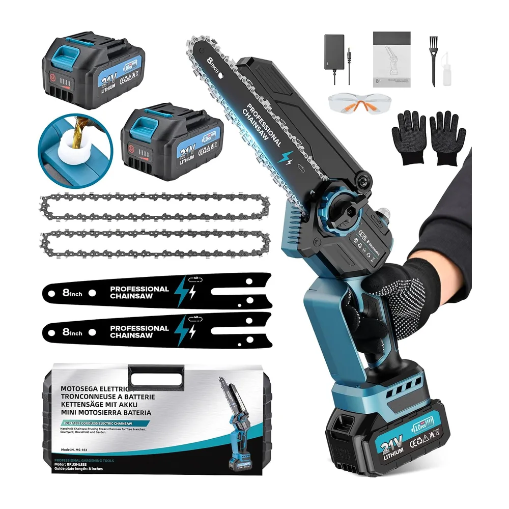 8 Pouces Tronconneuse a Batterie, Mini Tronçonneuse Électrique Sans Fil Brushless à
