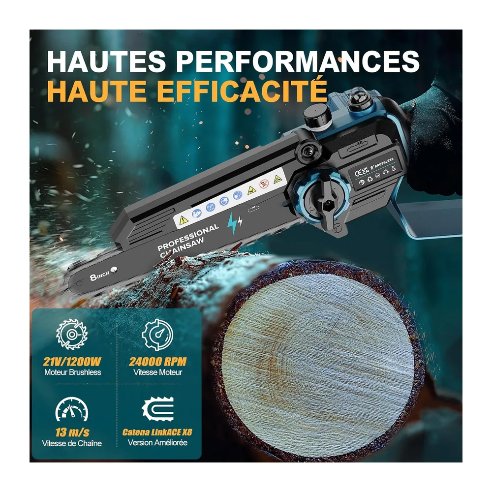 8 Pouces Tronconneuse a Batterie, Mini Tronçonneuse Électrique Sans Fil Brushless à