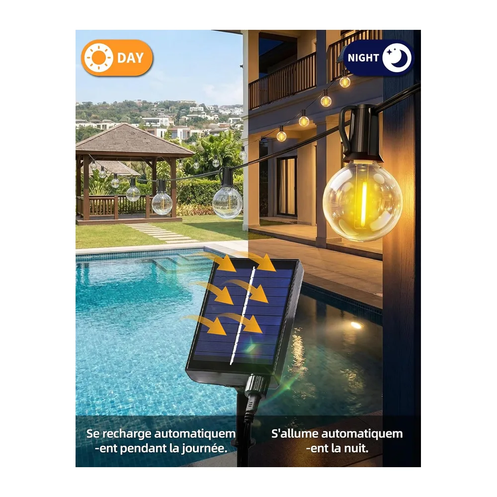 Guirlande Lumineuse Solaire Extérieure 10M, Guirlande Guinguette avec Télécommande 15+1