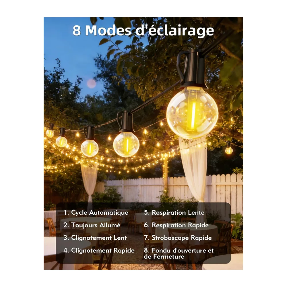 Guirlande Lumineuse Solaire Extérieure 10M, Guirlande Guinguette avec Télécommande 15+1