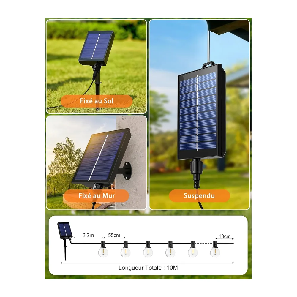 Guirlande Lumineuse Solaire Extérieure 10M, Guirlande Guinguette avec Télécommande 15+1