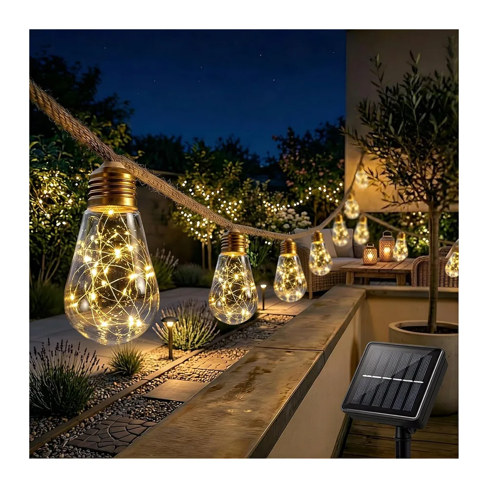 Guirlande Lumineuse Extérieure Solaire, Guinguette 16 Ampoules 8M, Étanche IP65, 8 Modes
