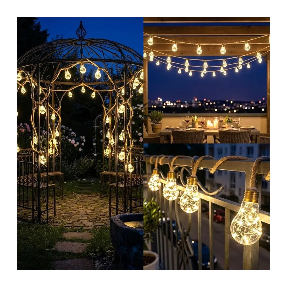 Guirlande Lumineuse Extérieure Solaire, Guinguette 16 Ampoules 8M, Étanche IP65, 8 Modes