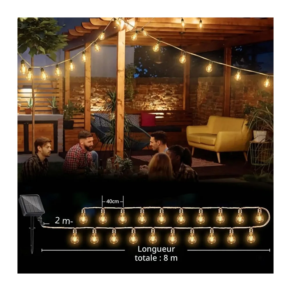 Guirlande Lumineuse Extérieure Solaire, Guinguette 16 Ampoules 8M, Étanche IP65, 8 Modes