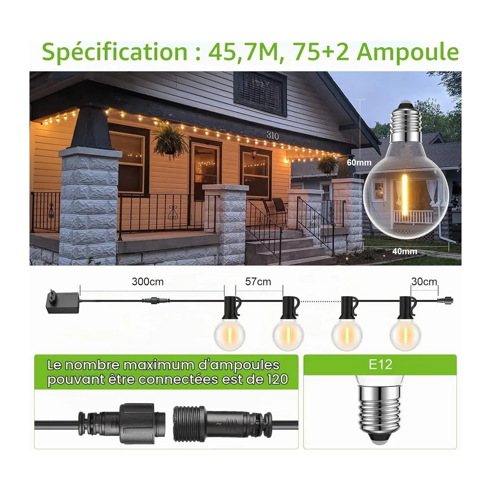 Guirlande Lumineuse Exterieure 45M, Guirlande Guinguette avec G40 75+2 LED Ampoules