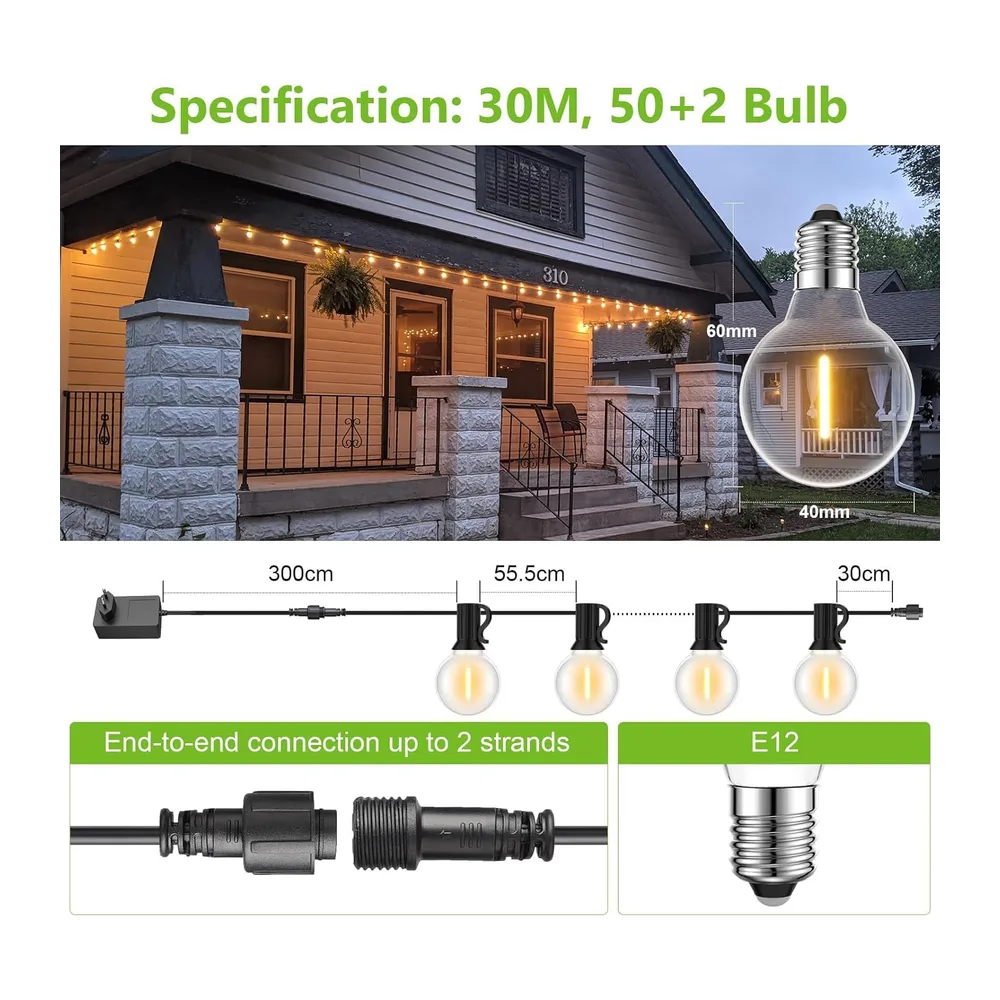 Guirlande Lumineuse 30M, Guirlande Guinguette avec G40 50+2 LED Ampoules, Imperméable