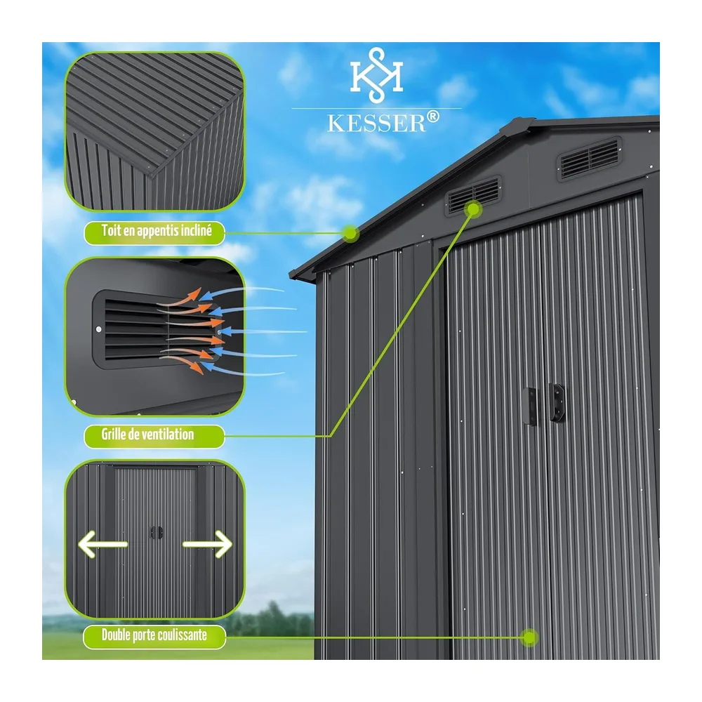 KESSER® Abri de Jardin XL en métal de 4,2 m³ avec Fondation, Gants de Travail, 182 x 118