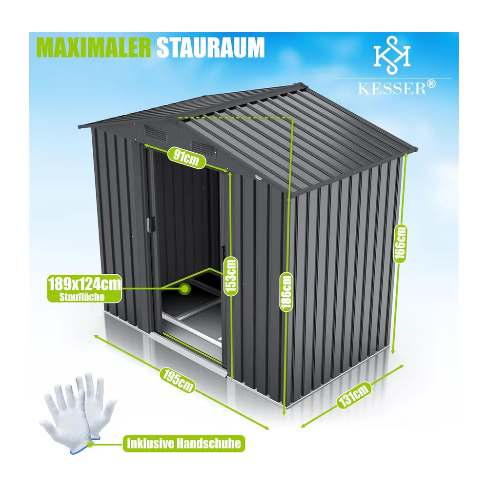 KESSER® Abri de Jardin XL en métal de 4,2 m³ avec Fondation, Gants de Travail, 182 x 118