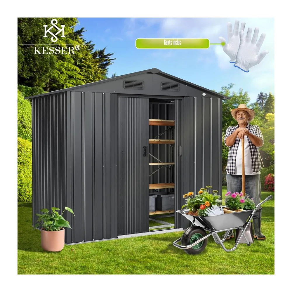KESSER® Abri de Jardin XL en métal de 4,2 m³ avec Fondation, Gants de Travail, 182 x 118