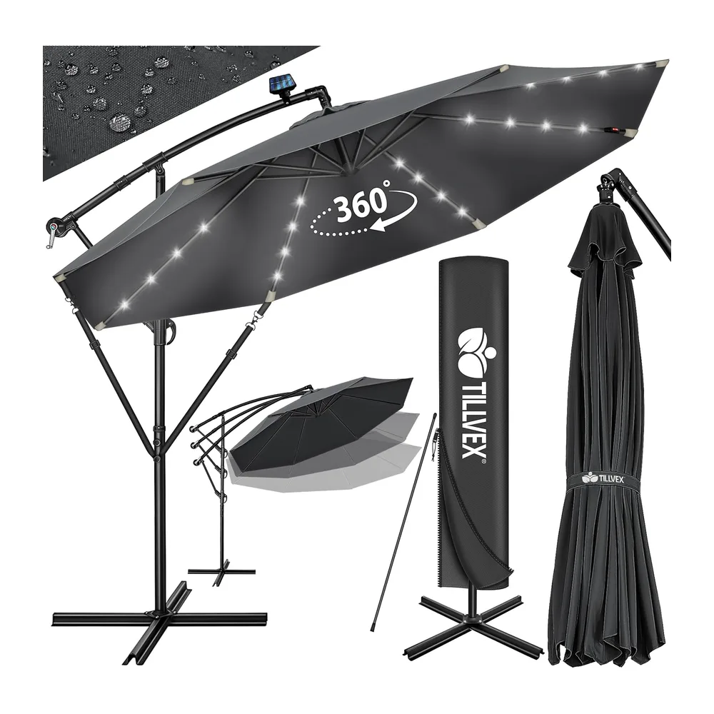 tillvex Parasol déporté LED solaire hexagonale 3M avec manivelle