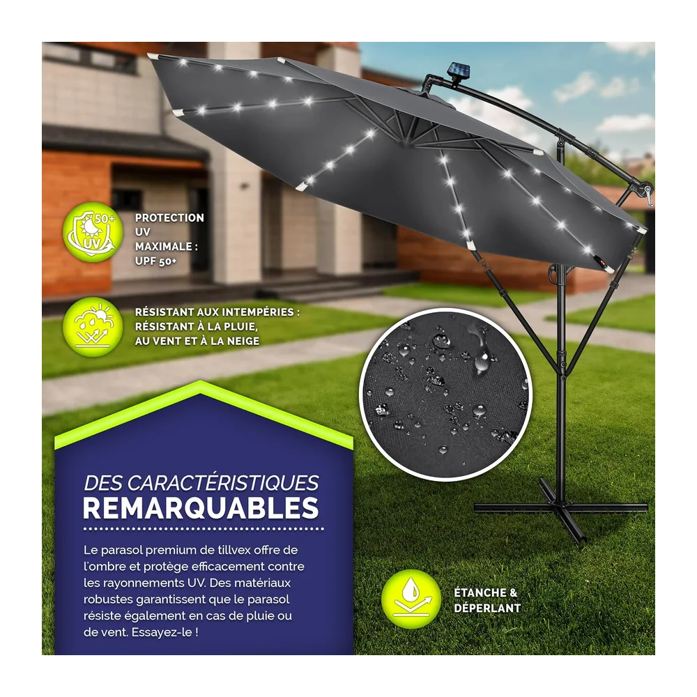 tillvex Parasol déporté LED solaire hexagonale 3M avec manivelle