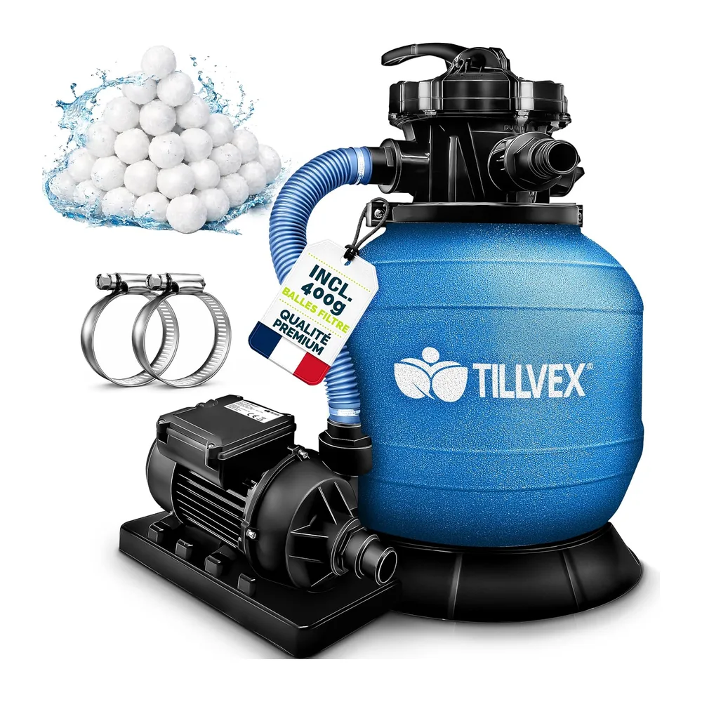 tillvex® Système de Filtre à Sable 7.900L/h + 400g Boules de Filtre