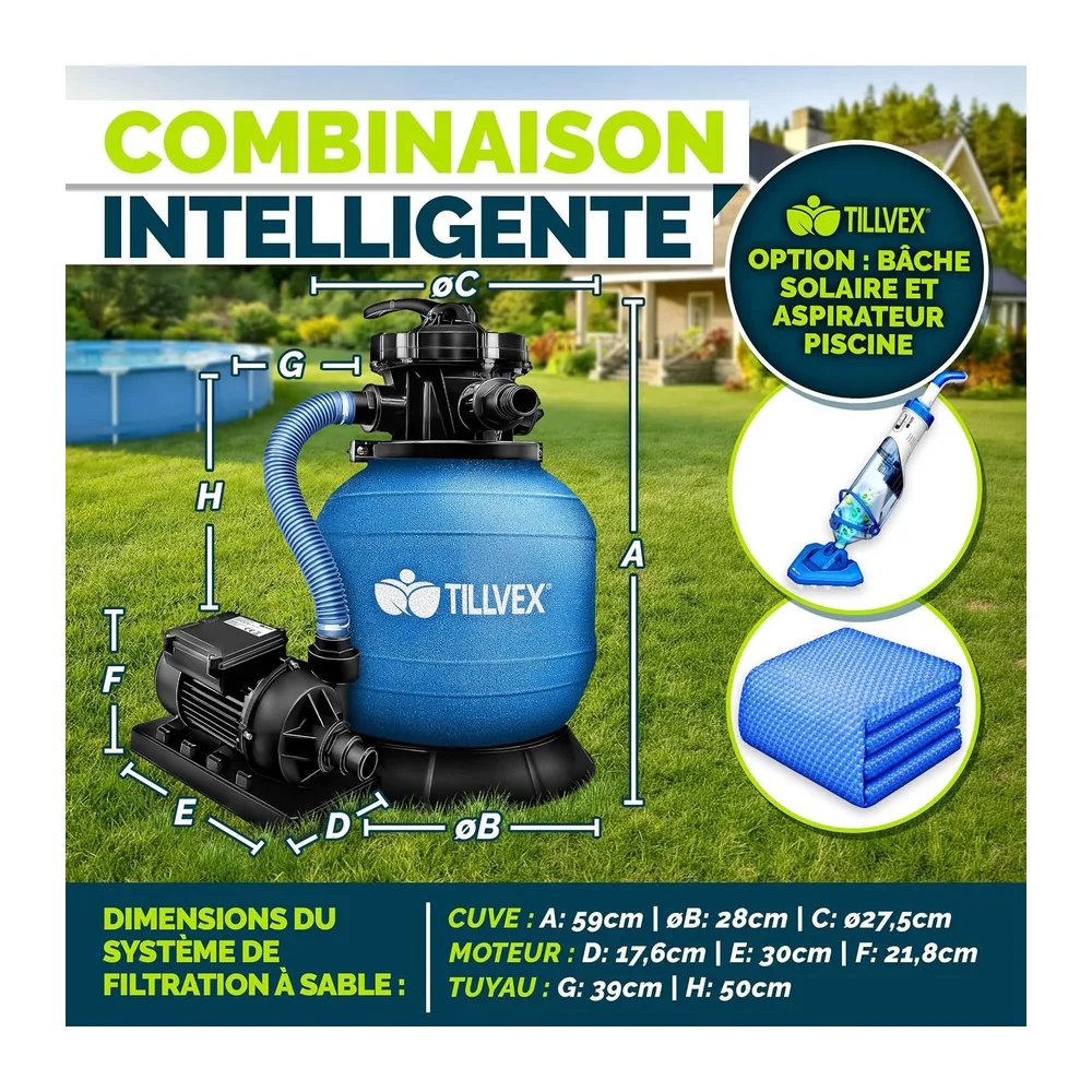 tillvex® Système de Filtre à Sable 7.900L/h + 400g Boules de Filtre