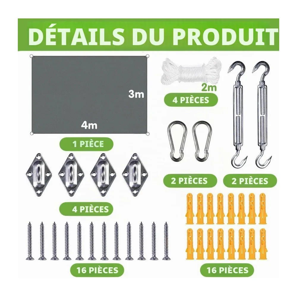 Voile d'ombrage rectangulaire imperméable 3 x 4 m Avec kit de fixation Résistant aux