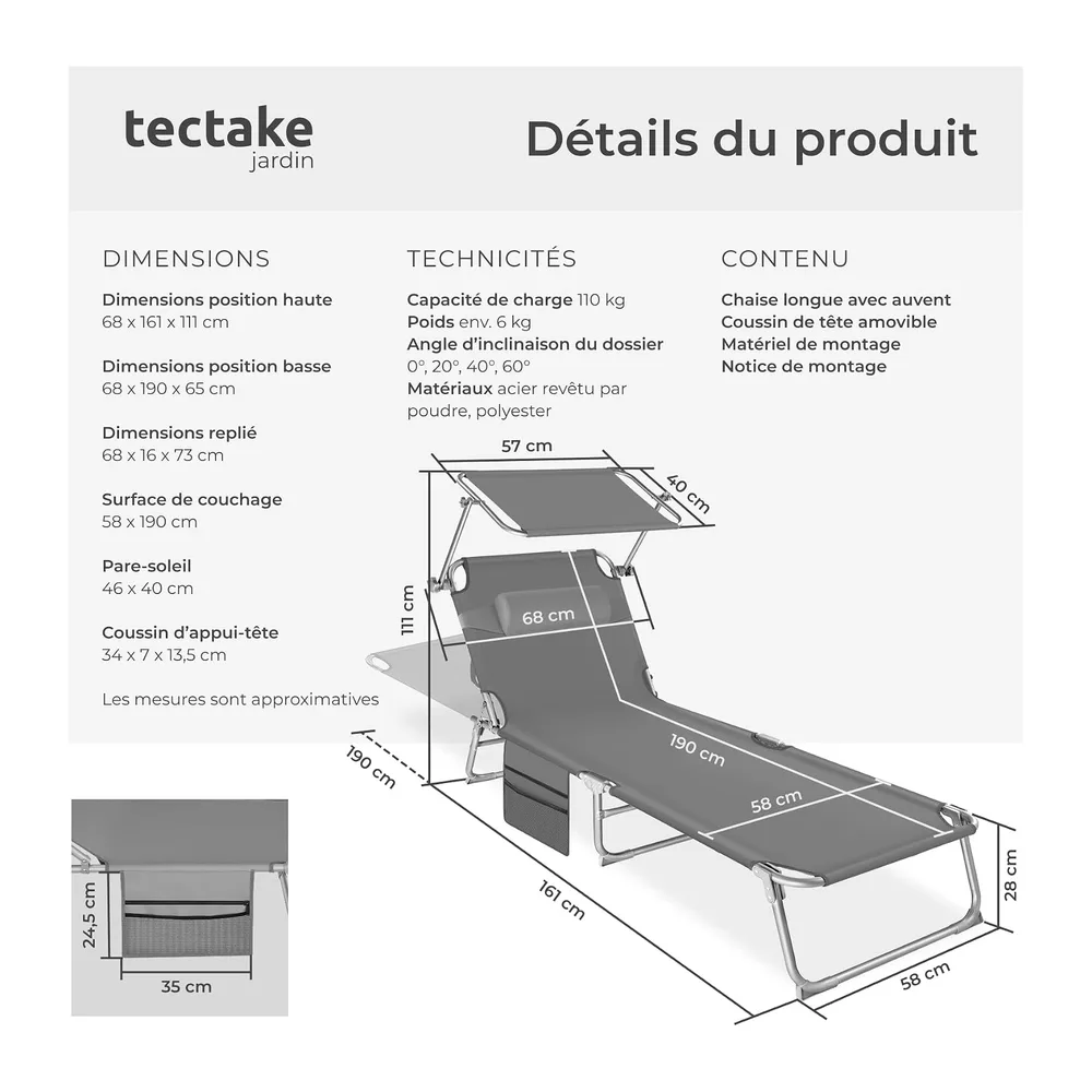 tectake® Chaise Longue 190x68x111cm Pliable Réglable sur 4 Positions Résistante aux