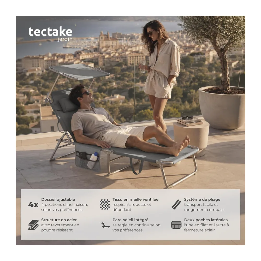 tectake® Chaise Longue 190x68x111cm Pliable Réglable sur 4 Positions Résistante aux