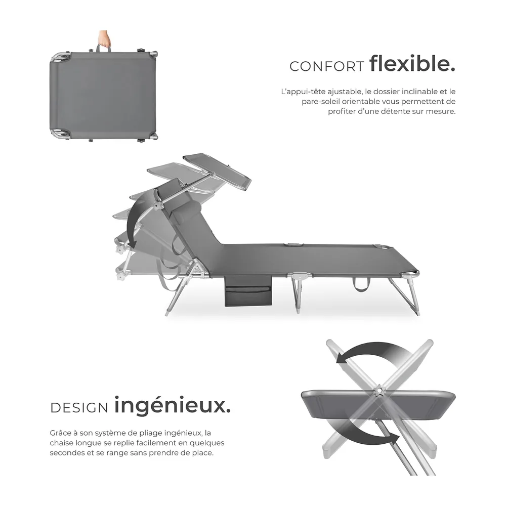 tectake® Chaise Longue 190x68x111cm Pliable Réglable sur 4 Positions Résistante aux