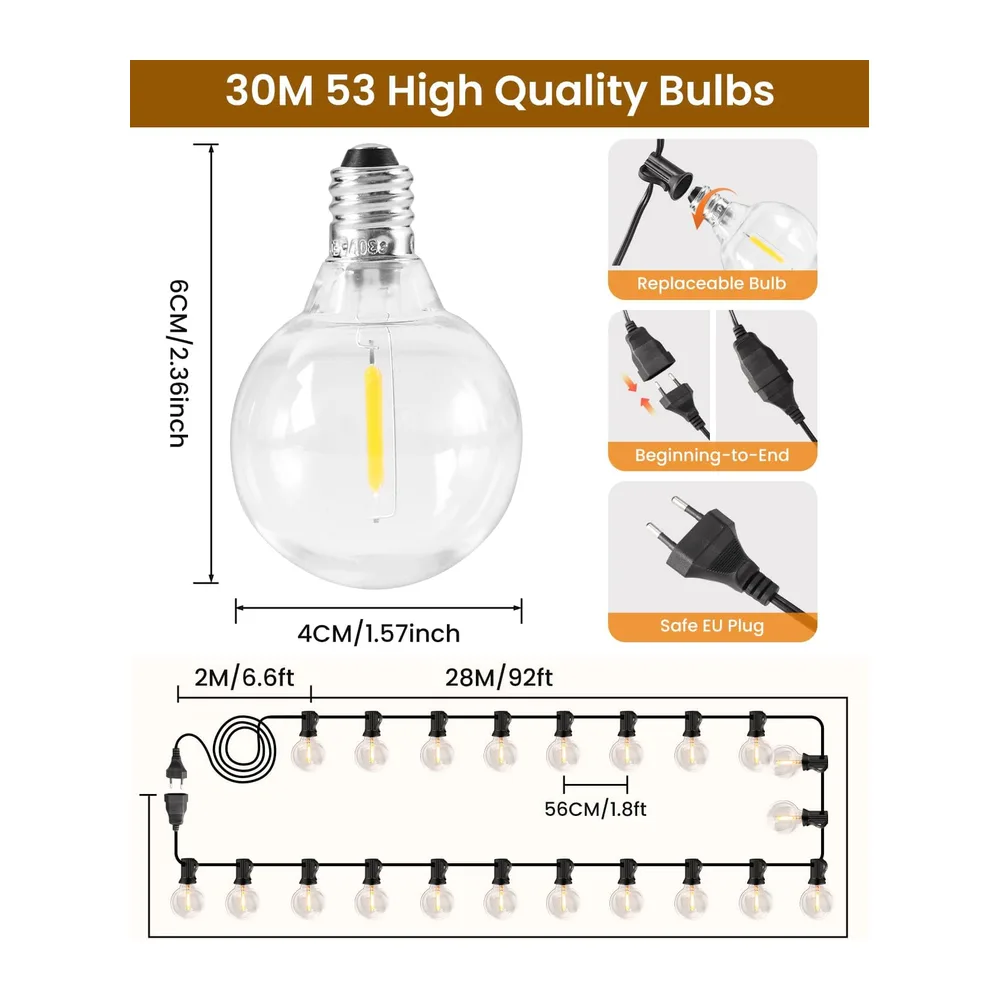Guirlande Lumineuse Exterieure 30M,50+3 Ampoules,Incassable Étanche,Guirlande Guinguette