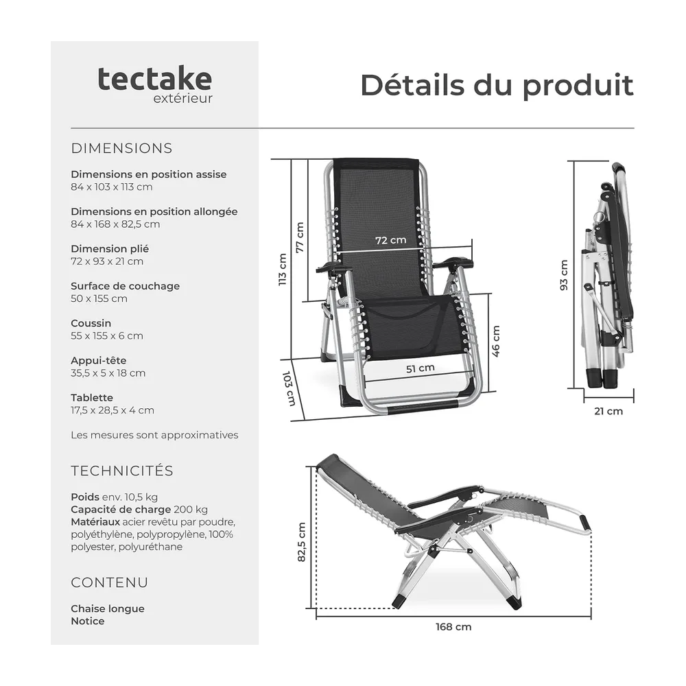 tectake® Fauteuil de Jardin Chaise Longue Pliable & Inclinable avec Rembourrage, Repose