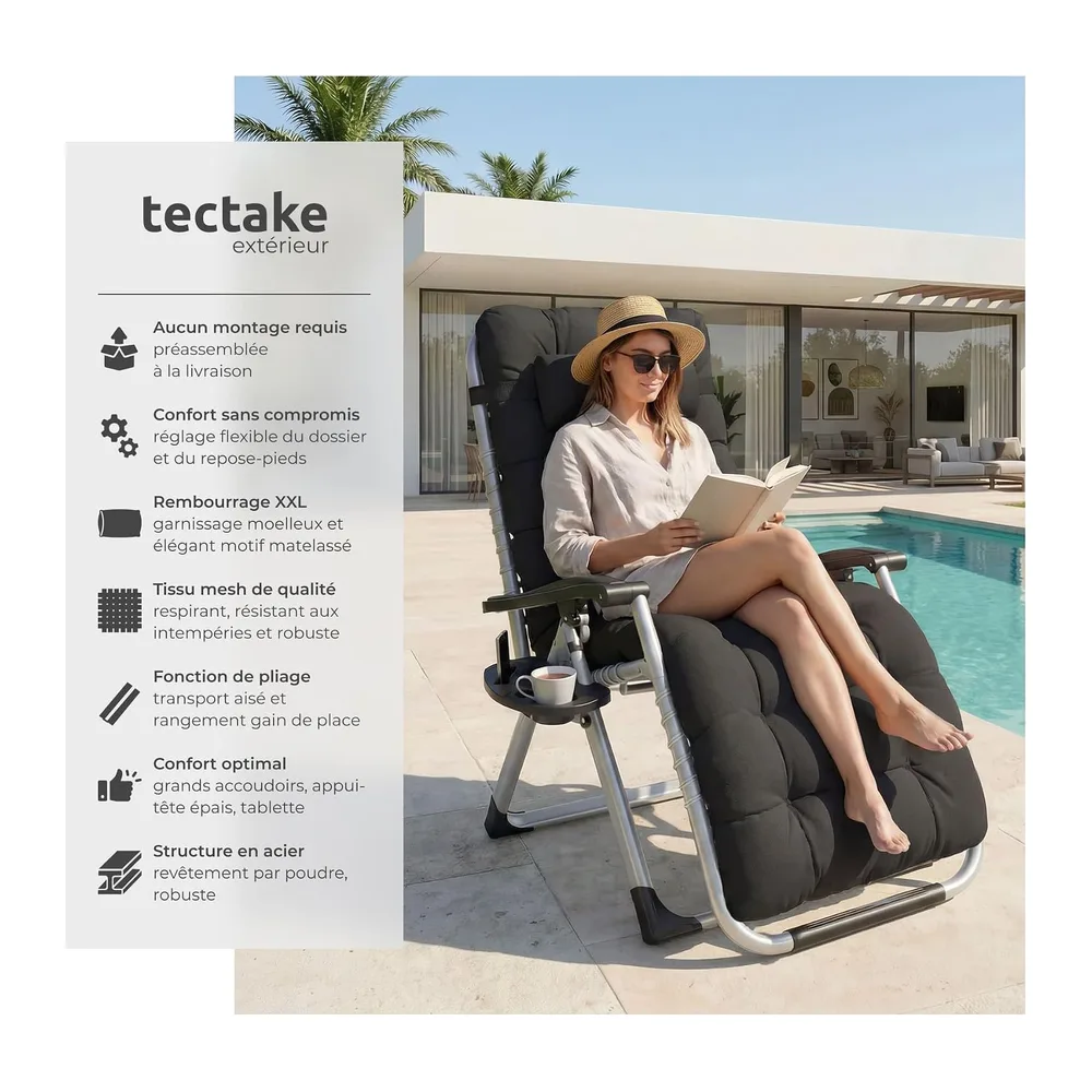 tectake® Fauteuil de Jardin Chaise Longue Pliable & Inclinable avec Rembourrage, Repose