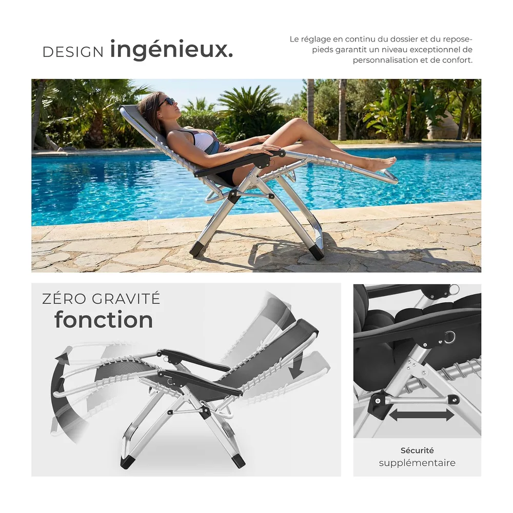 tectake® Fauteuil de Jardin Chaise Longue Pliable & Inclinable avec Rembourrage, Repose