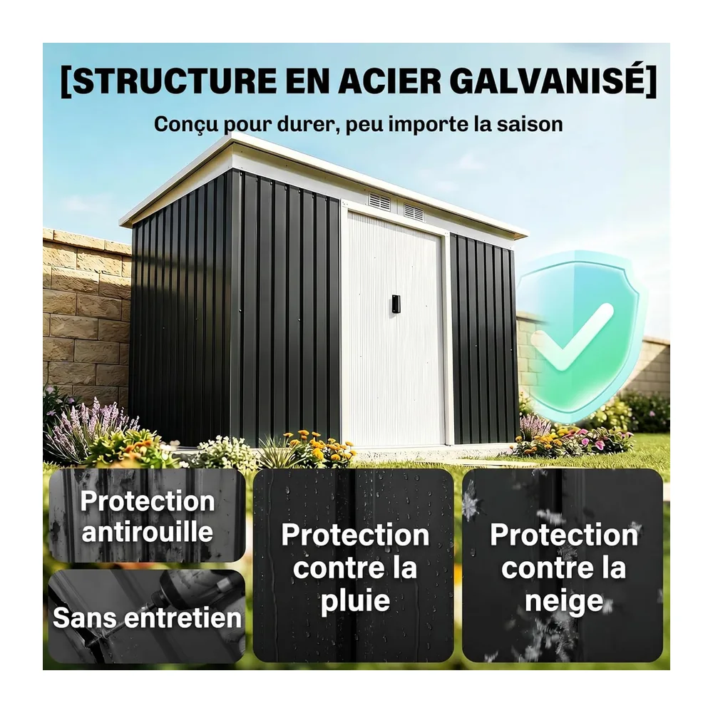 Outsunny Abri de Jardin XXL 3,6m² Kit de Fondation 280x130x172cm Noir