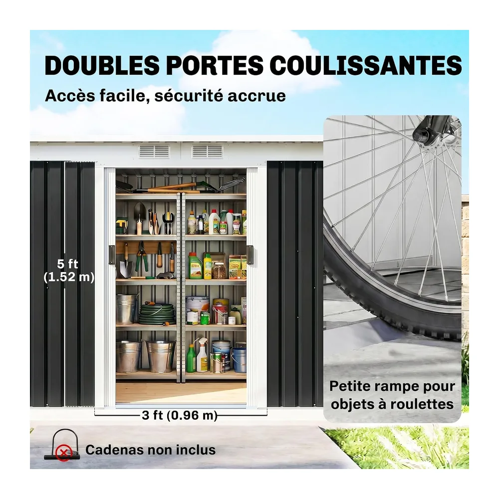 Outsunny Abri de Jardin XXL 3,6m² Kit de Fondation 280x130x172cm Noir
