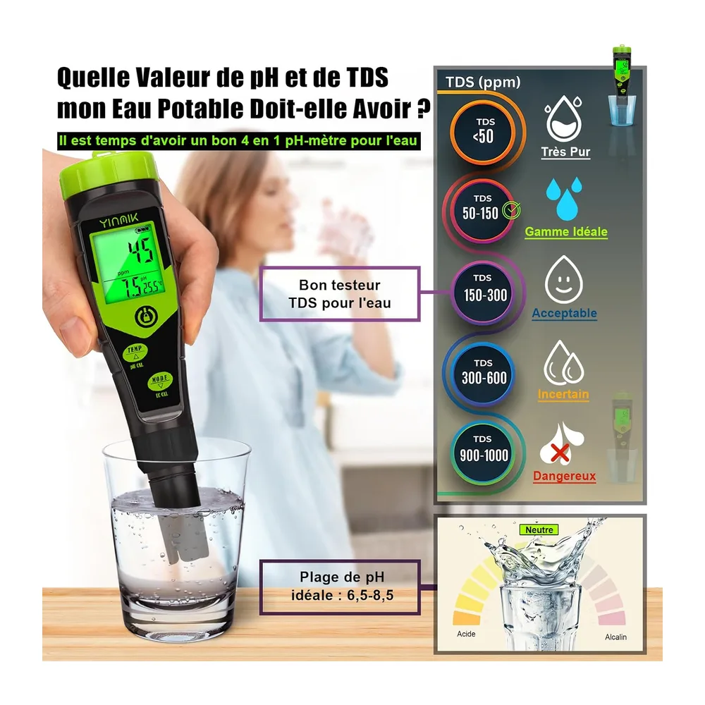 YINMIK pH Mètre Piscine, 4 en 1 Testeur pH Spa Hydroponique