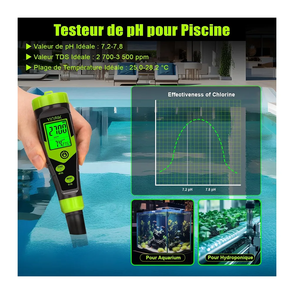 YINMIK pH Mètre Piscine, 4 en 1 Testeur pH Spa Hydroponique