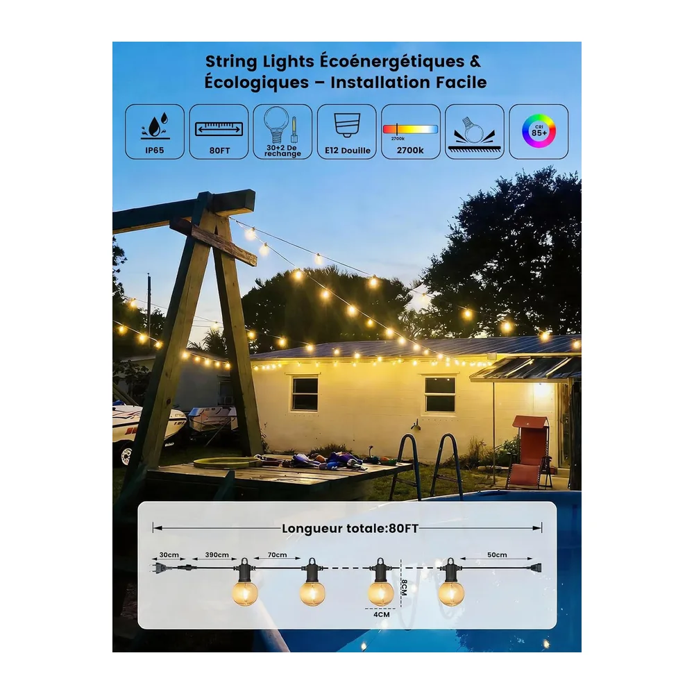 ZOTOYI 80FT Guirlande Lumineuse Exterieure IP65 - Guirlande Lumineuse Guinguette