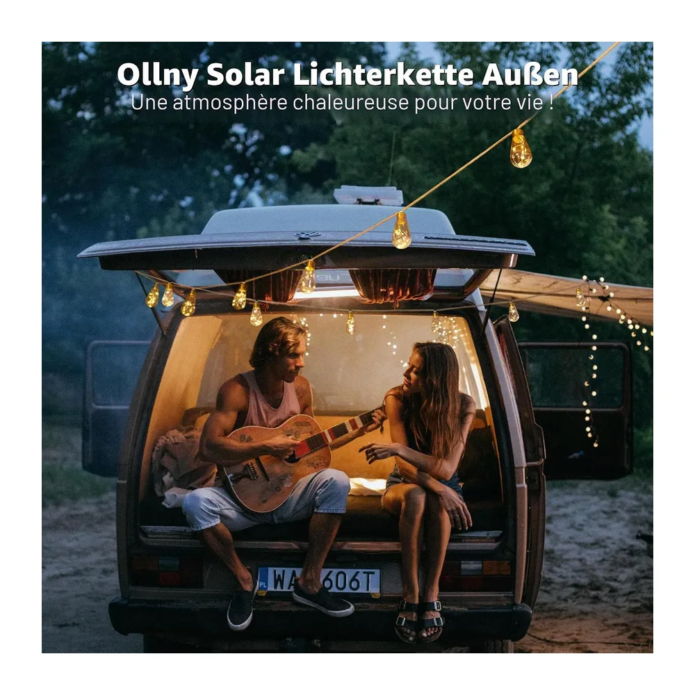 Ollny Guirlande Lumineuse Exterieure Solaire 8 m, 16 Ampoules S17, Corde