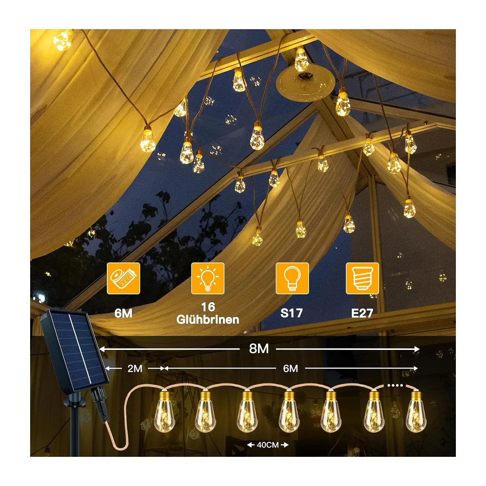 Ollny Guirlande Lumineuse Exterieure Solaire 8 m, 16 Ampoules S17, Corde