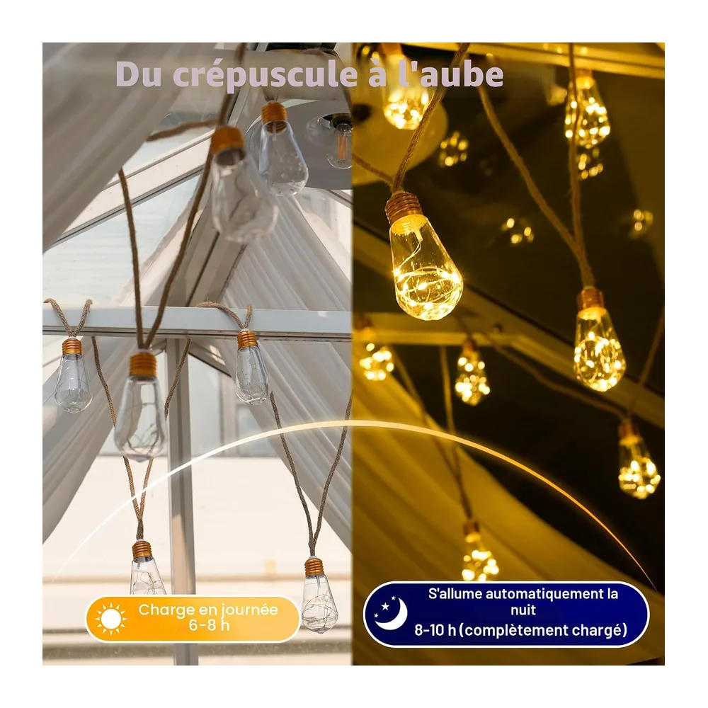 Ollny Guirlande Lumineuse Exterieure Solaire 8 m, 16 Ampoules S17, Corde