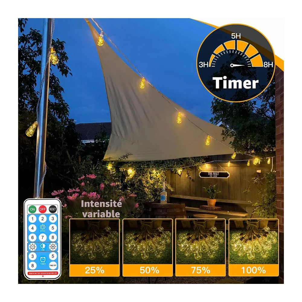 Ollny Guirlande Lumineuse Exterieure Solaire 8 m, 16 Ampoules S17, Corde
