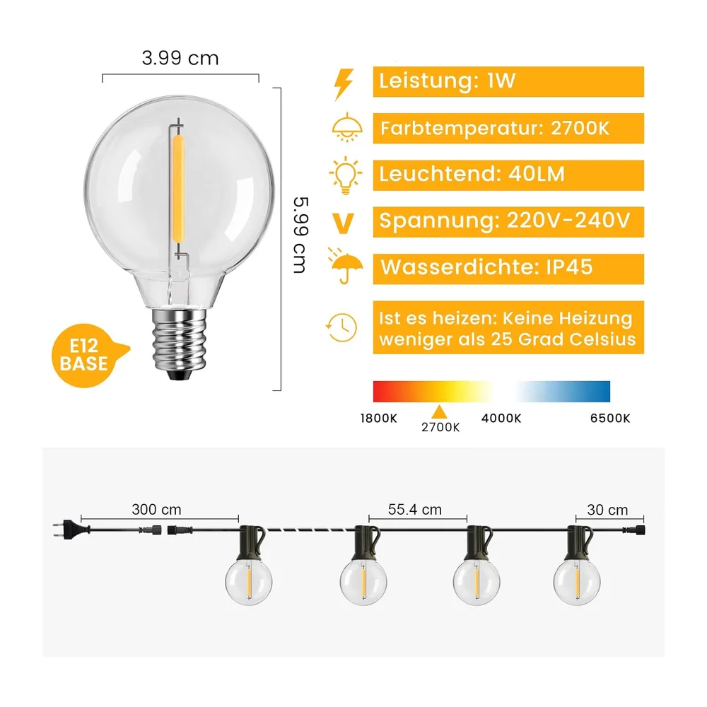 Guirlande Guinguette Exterieur - 15M Guirlande Lumineuse 25+1 G40 Ampères, IP45