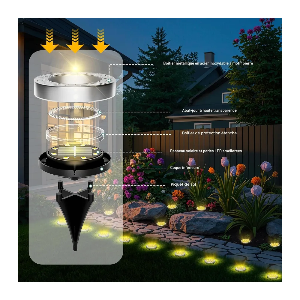 FIFlying 10 Piece Lampe Solaire Exterieur, 8 LED Lumiere Solaire Exterieur, Stainless