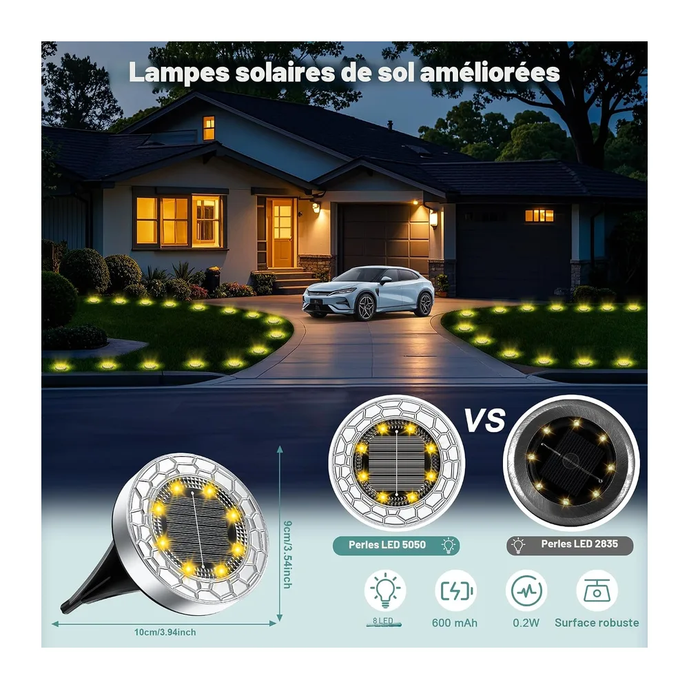 FIFlying 10 Piece Lampe Solaire Exterieur, 8 LED Lumiere Solaire Exterieur, Stainless