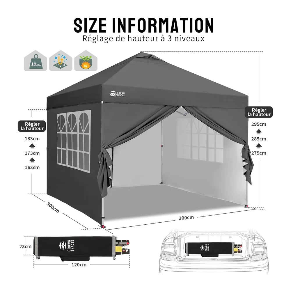 CROWN SHADES Tonnelle Pliante 3x3 Imperméable Barnum Exterieur, Gris