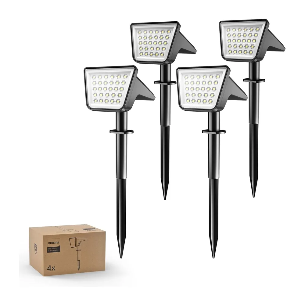Philips Lot de 4 Projecteurs Spots Lampes Solaires d'Extérieur Étanches, 28 LED 7500K