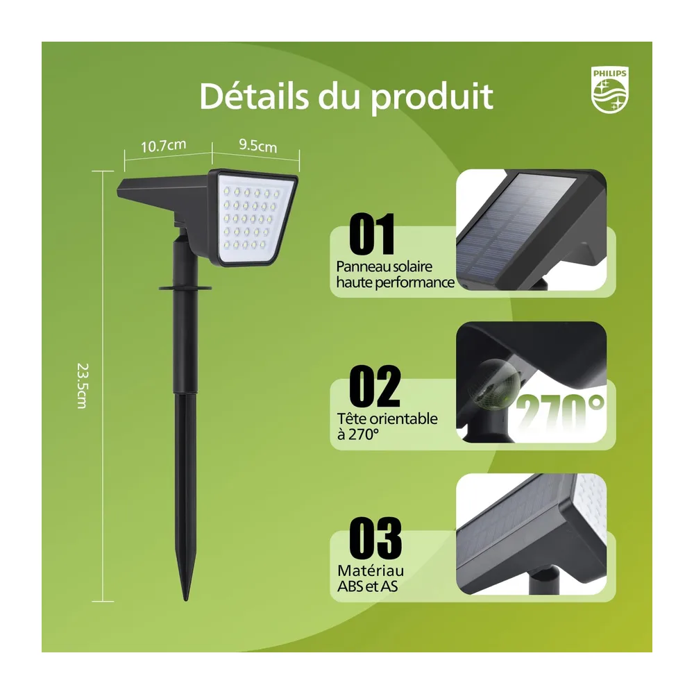 Philips Lot de 4 Projecteurs Spots Lampes Solaires d'Extérieur Étanches, 28 LED 7500K