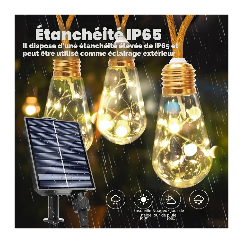 Guirlande Solaire Exterieur 8M, 16 Ampoules 8 Modes IP65 Étanche