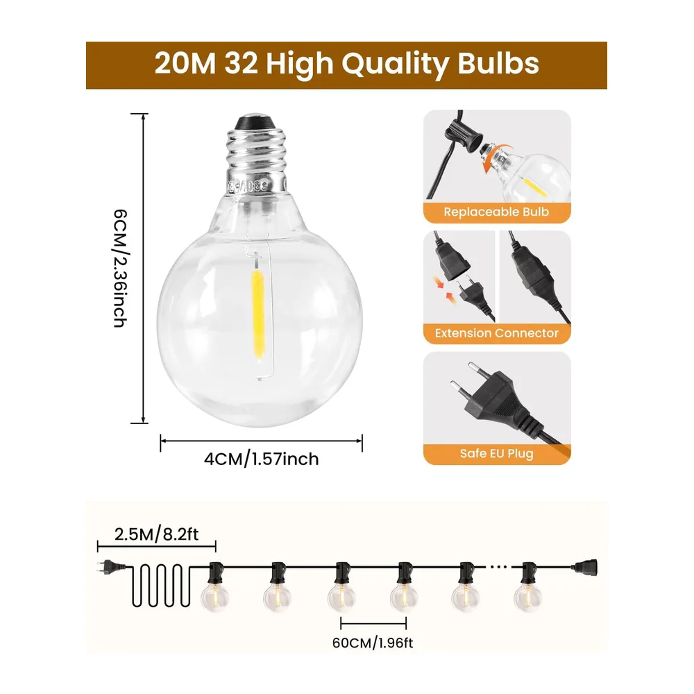 Rintea Guirlande Lumineuse Exterieure 20M/30M - 30+2 Ampoules G40