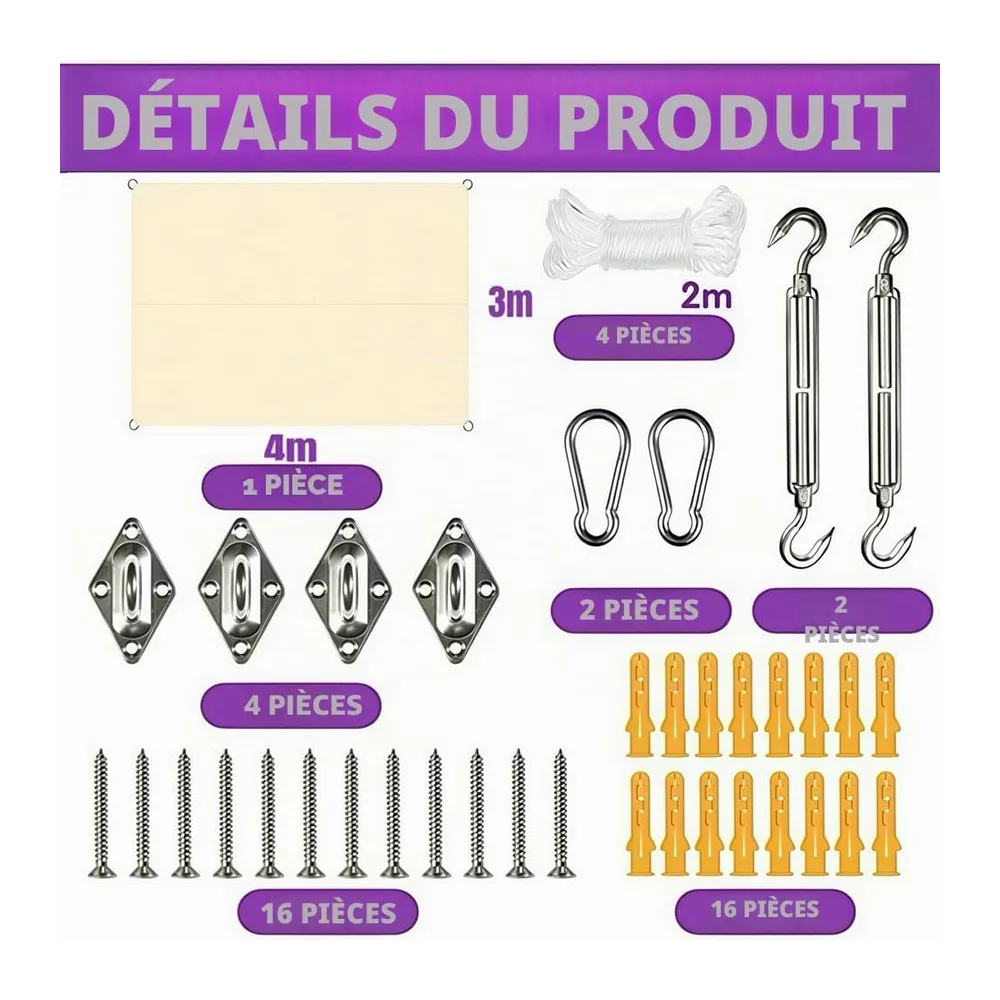 Voile d'ombrage rectangulaire avec œillets, 3 x 4 m, avec Fixation, pour Balcon