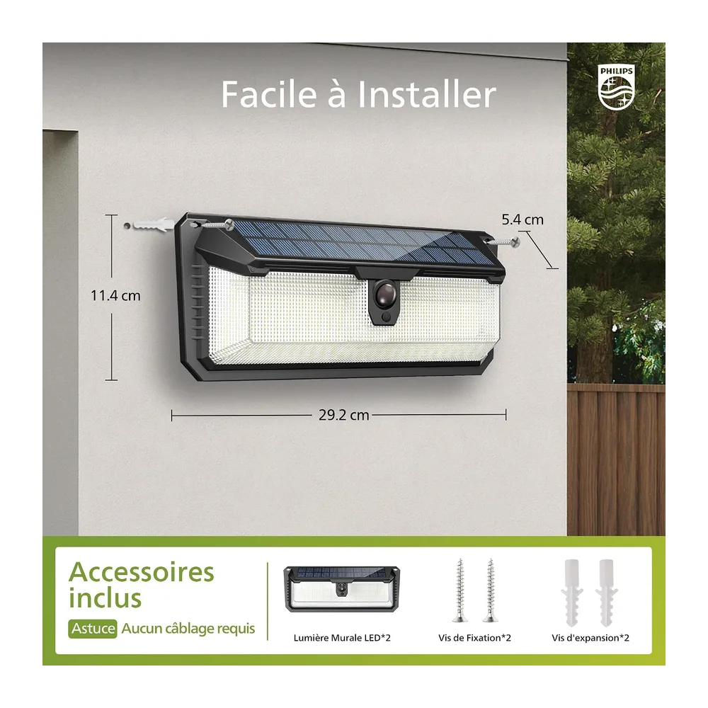 Philips Lampe Solaire Extérieur avec Détecteur, 258 LEDs Sécurité, 3 Modes, Étanche pour