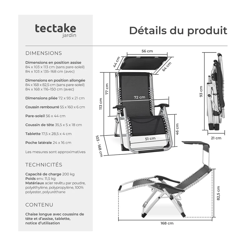 tectake® Fauteuil de Jardin Bain de Soleil avec Pare Soleil Chaise Longue Pliable &
