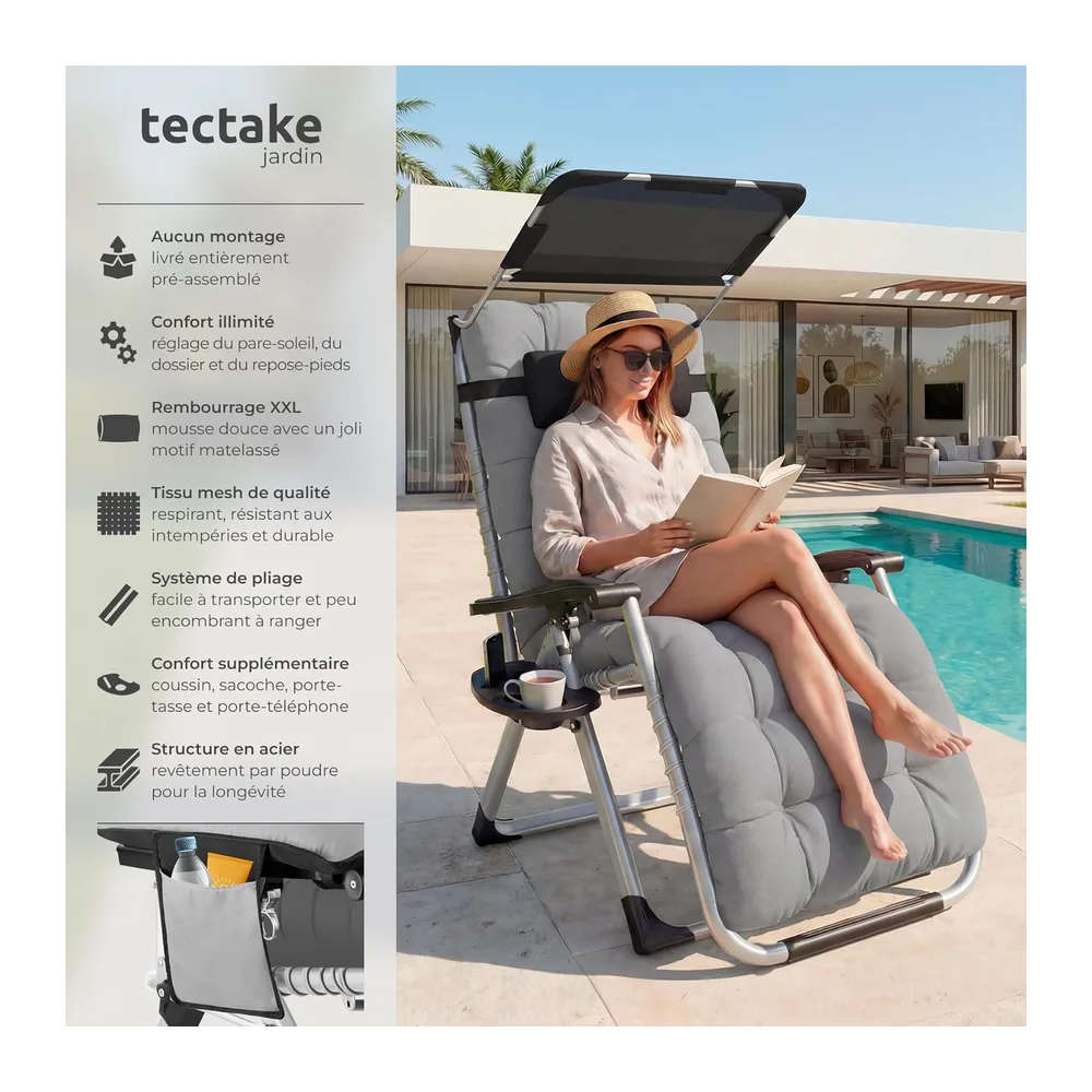 tectake® Fauteuil de Jardin Bain de Soleil avec Pare Soleil Chaise Longue Pliable &