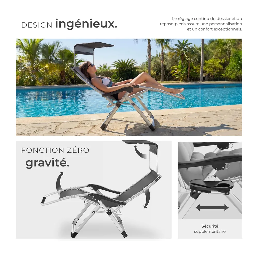 tectake® Fauteuil de Jardin Bain de Soleil avec Pare Soleil Chaise Longue Pliable &